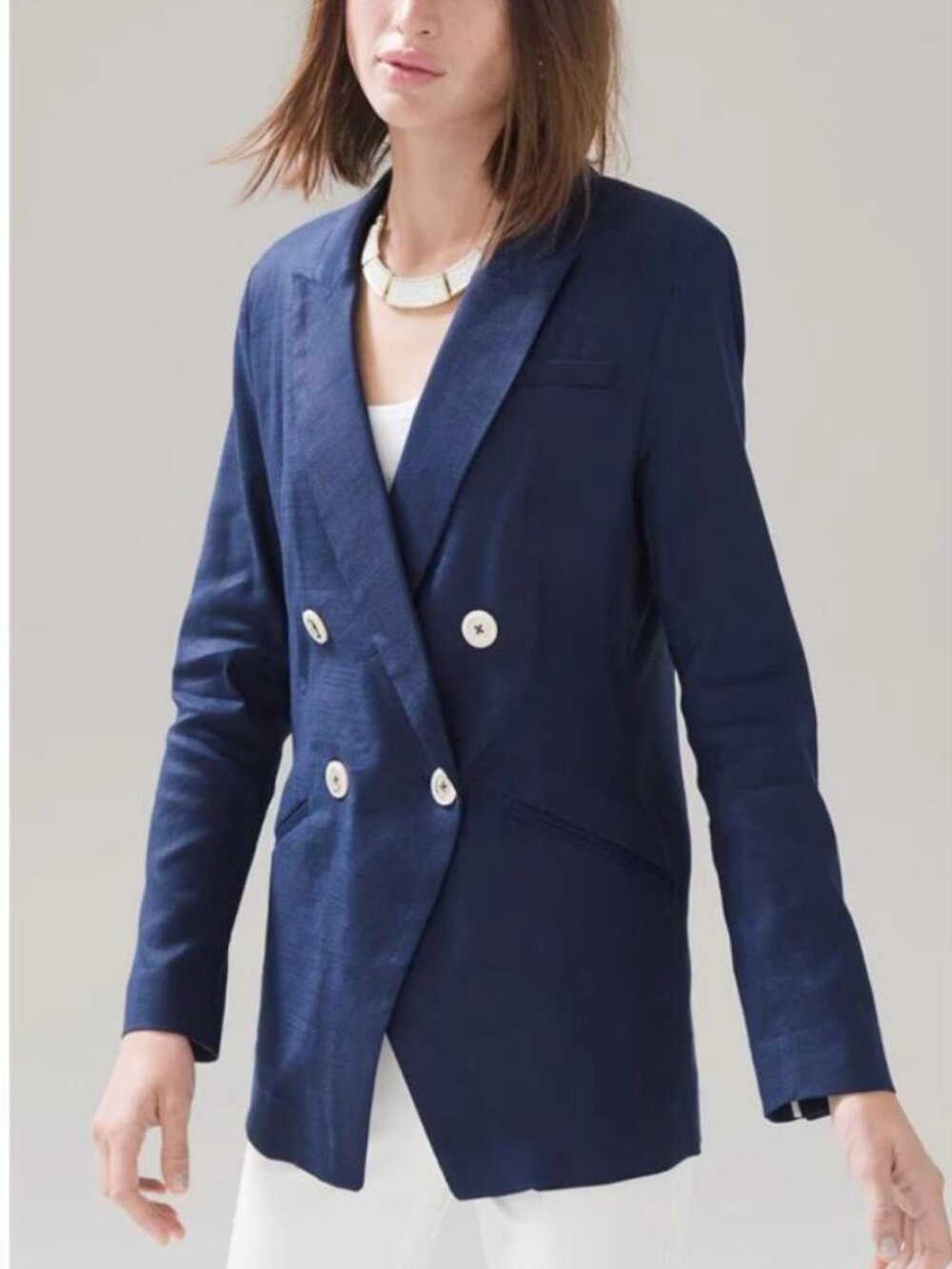 WHBM Navy Linen Blend Blazer Size 6 Double Breasted Nautical Chic